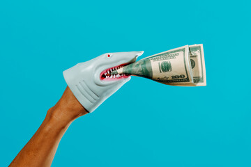 shark biting some dollar banknotes