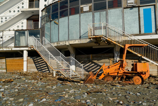 Beach cleaning with bulldozer