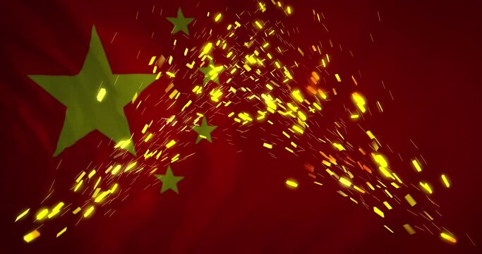 Animation of confetti falling over flag of china