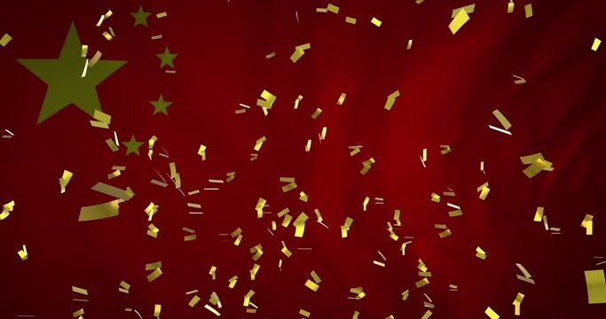 Animation of confetti falling over flag of china