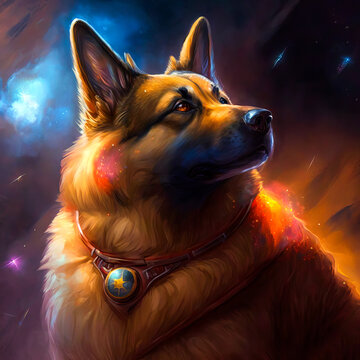 Space Dog - Dog posing in space with a galactic photoshoot theme. dog studio photography session theme. astronaut dog