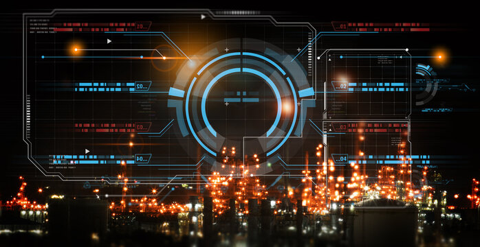 Industrial working concept and put AI artificial intelligence to work in a HUD futuristic hologram with an industrial plant setting at night.