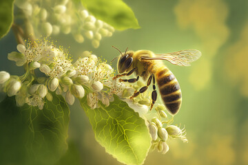 A honey bee hovers over a cluster of delicate linden flowers, gathering nectar for its hive in the warm summer sun