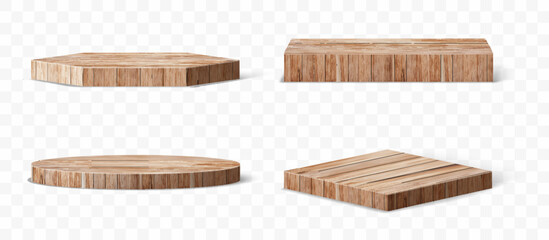 3D Vector set of wood pedestals podium, Abstract geometric empty stages wooden exhibit displays award ceremony product presentation