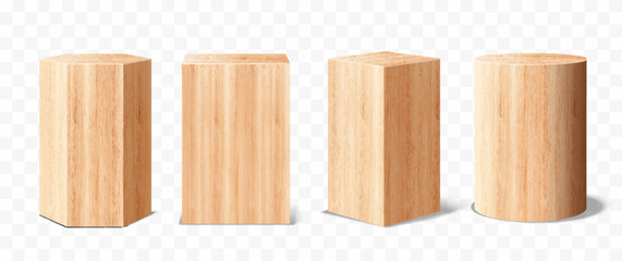 Set of Vector wood podium Pedestals, abstract geometric empty museum stages, exhibit displays for award ceremony presentation. Gallery platform, Blank Wooden product stands, Realistic 3d