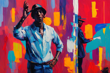 Abstract black jazz musician on a Harlem street corner in New York. - obrazy, fototapety, plakaty
