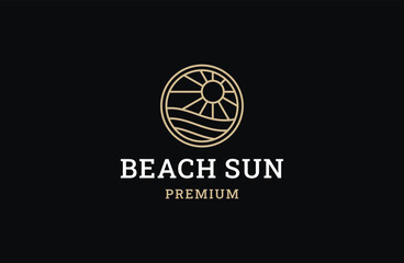elegant gold hipster sun sunset sunrise with ocean sea beach water logo icon vector in trendy linear