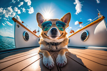 Ocean Rover: A Dog on a Boat in the Sunlight. Generative AI. - obrazy, fototapety, plakaty