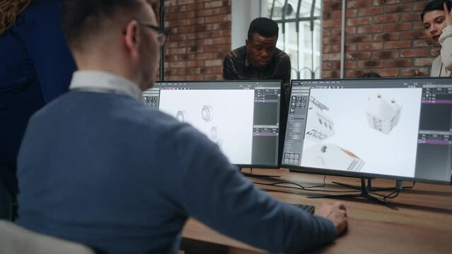 indian, african and caucasian people work in office of international company, use 3D modeling