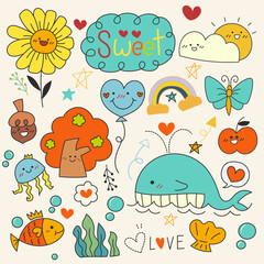 Hand drawn elements of character, animal and vector element on a light white background. Vector illustration.