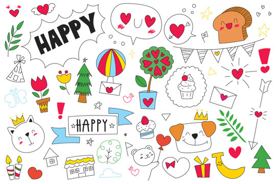 Outline hand drawn doodle set of objects and symbols on Celebration, new year and birthday theme. Vector illustration.
