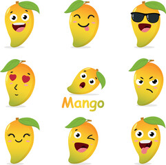 Cute Mango cartoon, exotic fruit character set isolated on white