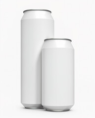 Mockup two White Metal Aluminum Beverage Drink Can 500ml, 0,5L and 750 ml 0,75L. Beer, Soda, Lemonade, Juice, Energy. Mock Up Template Ready For Your Design.