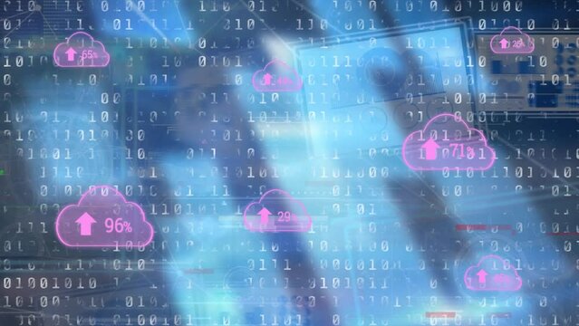 Animation of multiple cloud icons with increasing percentage and binary coding on blue background
