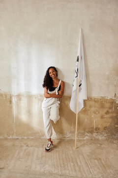 Female environmental activist with flag
