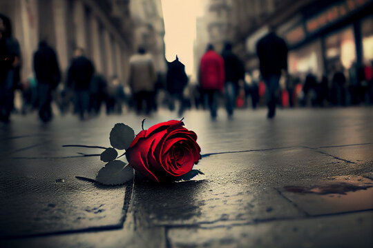 Rote Rose auf dem Boden einer Fussgängerzone. Generative Ai.