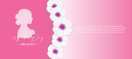 international women's day design, pink with woman silhouette elements and beautiful white flowers, for banner, web, poster.vector illustration