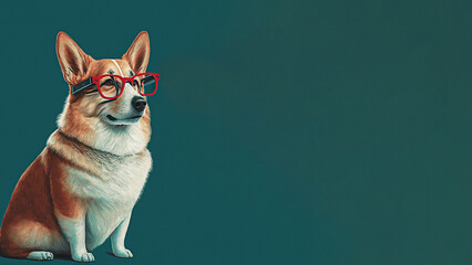 Corgi in specs on dark teal background for slide templates or product placement generative AI
