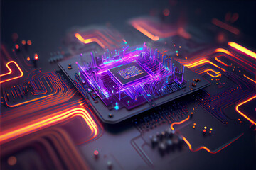 Abstract Glowing Electronic Chip Circuit Board AI Generative