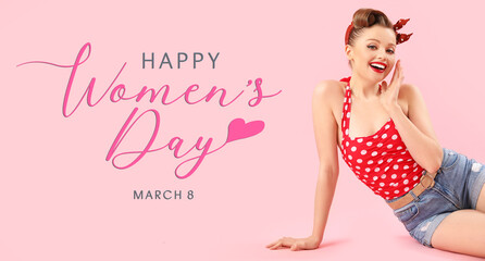 Greeting card for International Women's Day with young pin-up woman on pink background