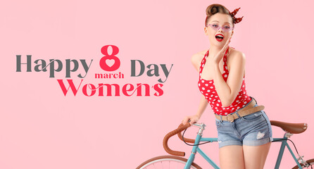 Greeting card for International Women's Day with young pin-up woman on pink background