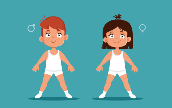 Children Learning About their Bodies in Health Education Class. Boy and girl with masculine and feminine symbol vector design 
