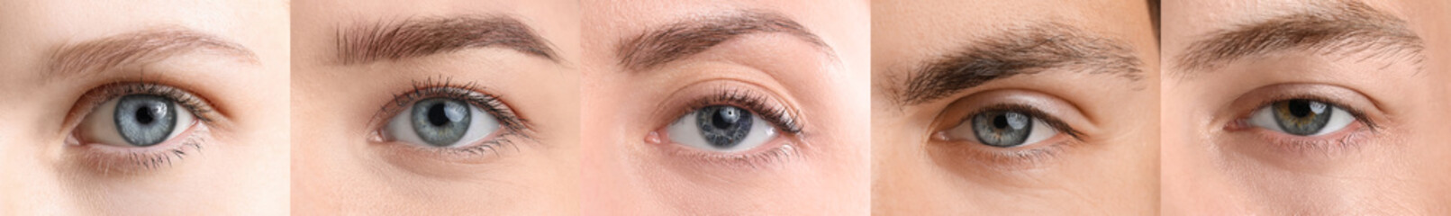 Collage with blue eyes of different people, closeup