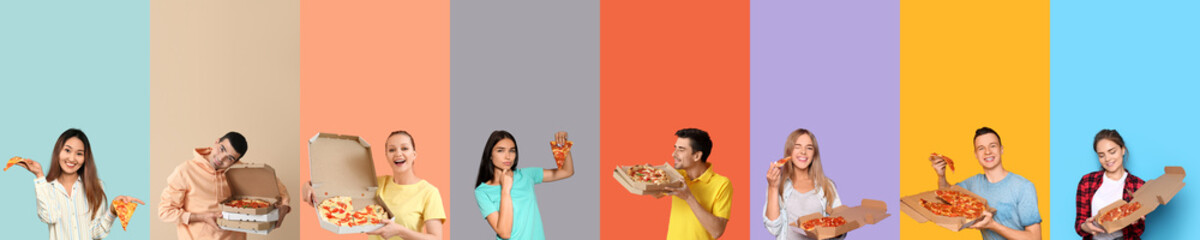 Set of people with delicious pizza on color background