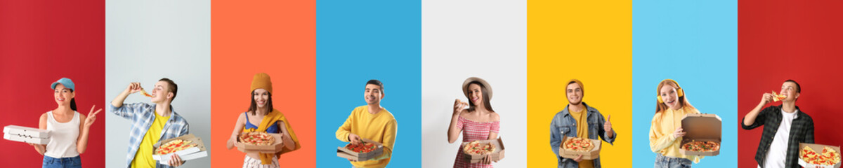 Set of many people with delicious pizza on color background