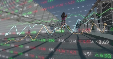 Animation of stock market data processing against rear view of fit woman running on the city bridge - Powered by Adobe