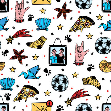 Male friendship seamless vector pattern. Best friend, mate, buddy. Symbols of good relations - photos, football, pizza, rock music. Respect and support. Hand drawn doodles. Background for cards, web