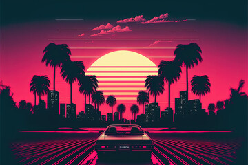 Synth wave retro Miami city landscape background at sunset, digital illustration. - obrazy, fototapety, plakaty