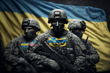 Soldiers with Ukraine flag, generative ai