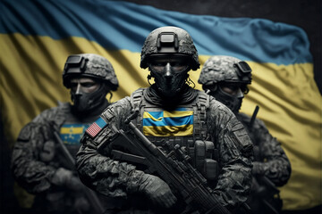 Naklejka premium Soldiers with Ukraine flag, generative ai