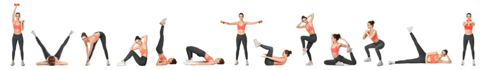 Set of sporty woman training on white background