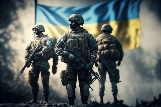 Soldiers with Ukraine flag, generative ai