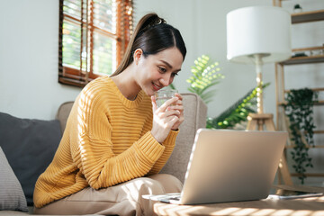 Young beautiful woman using laptop computer, enjoy her free time at home.