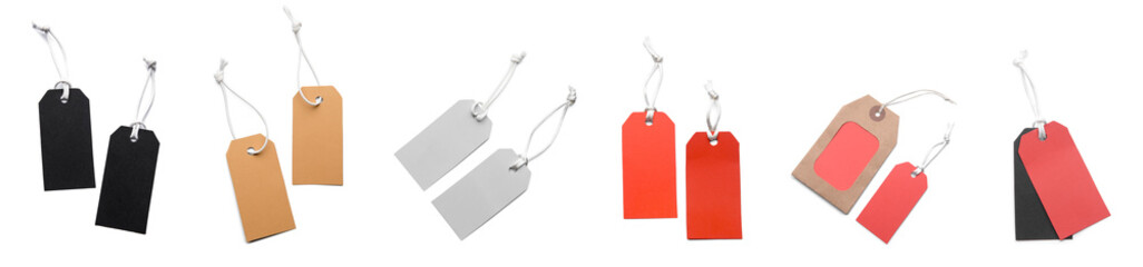 Group of blank shopping tags on white background