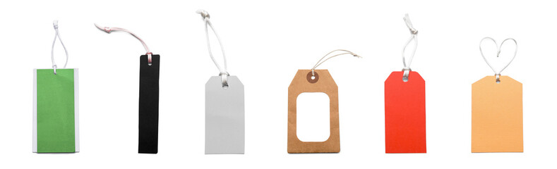 Collage of blank shopping tags on white background