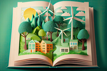Open book of green city environment in 3d paper cut style with trees