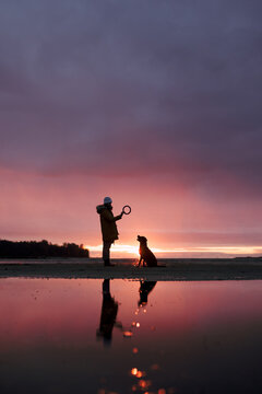 Dog owner playing with his dog on the beach at sunset