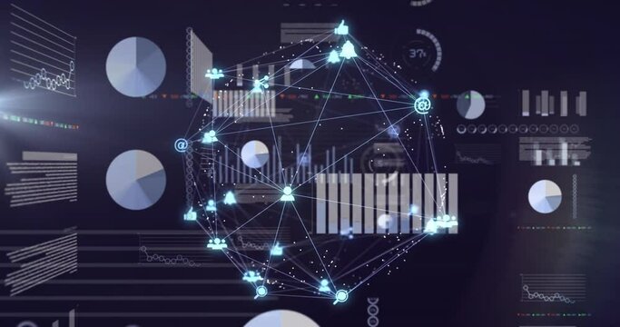 Animation of icons connected with lines forming globe and rotating over infographic interface