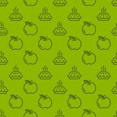 seamless pattern with pie and apple icons on green background