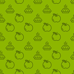 seamless pattern with pie and apple icons on green background