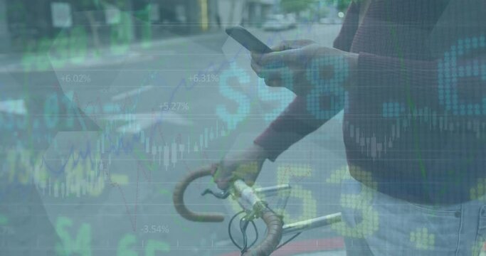 Animation of stock market data processing against mid section of a man with bicycle using smartphone