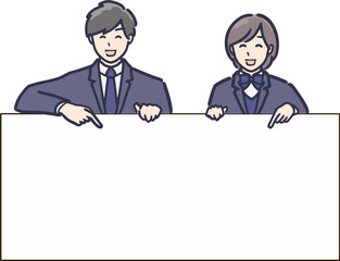 ホワイトボードを持った制服の学生男女のイラスト