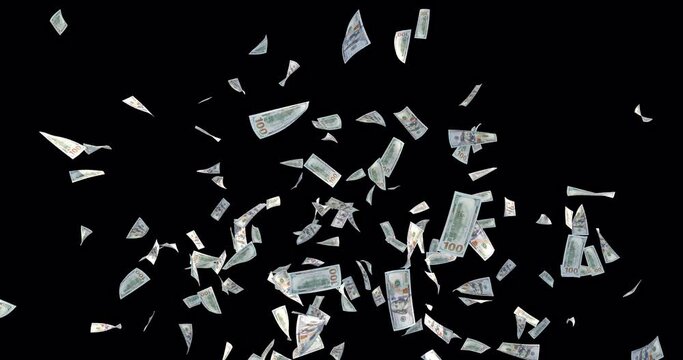 Falling a lot of US $100 bills. 4K with Transparent background and Depth Map Image. 3D motion graphics