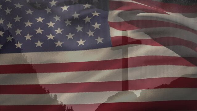 Animation of christian cross and flag of usa
