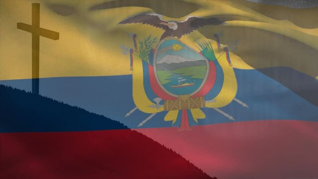 Animation of christian cross and flag of ecuador