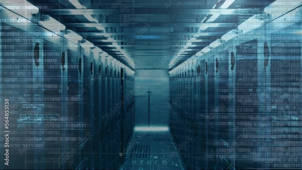 Wall mural animation of programming language and binary codes over data server racks